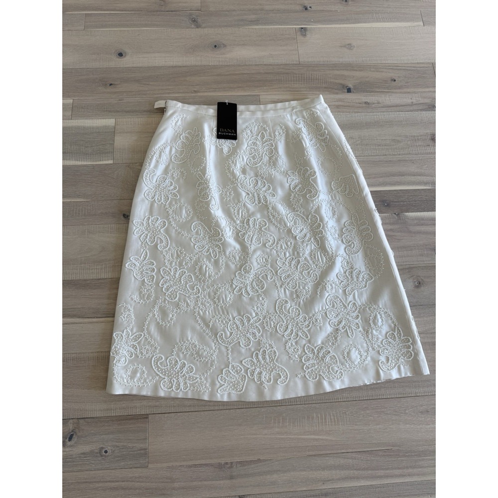 FAB Dana Buchman White Silk w Glass Beads Fully Beaded A-line Skirt Size 8$ 550